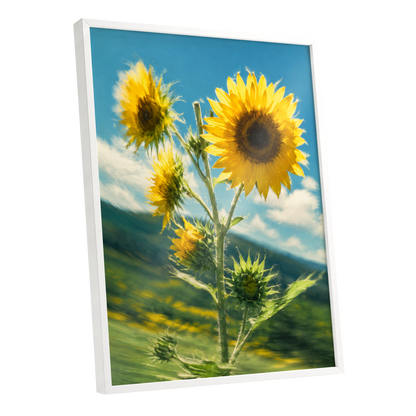Golden Skyward Blooms, yellow, blue, green floral wall art shown as a white framed poster wall art print
