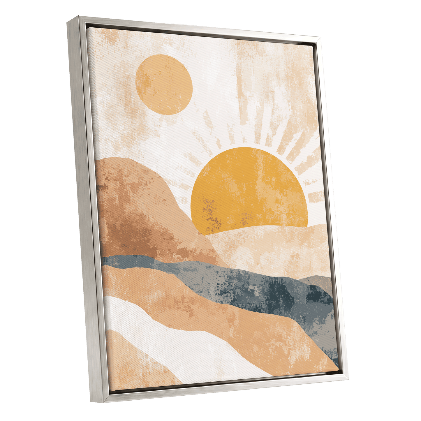 Golden Sun River – silver framed canvas option