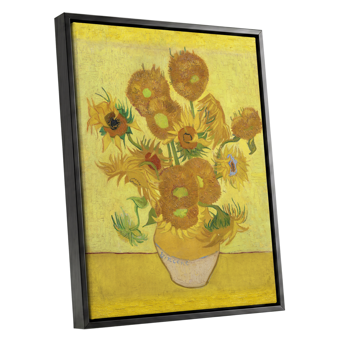 Golden Sunflower Chorus, yellow, gold, brown floral wall art shown as a black framed canvas wall art
