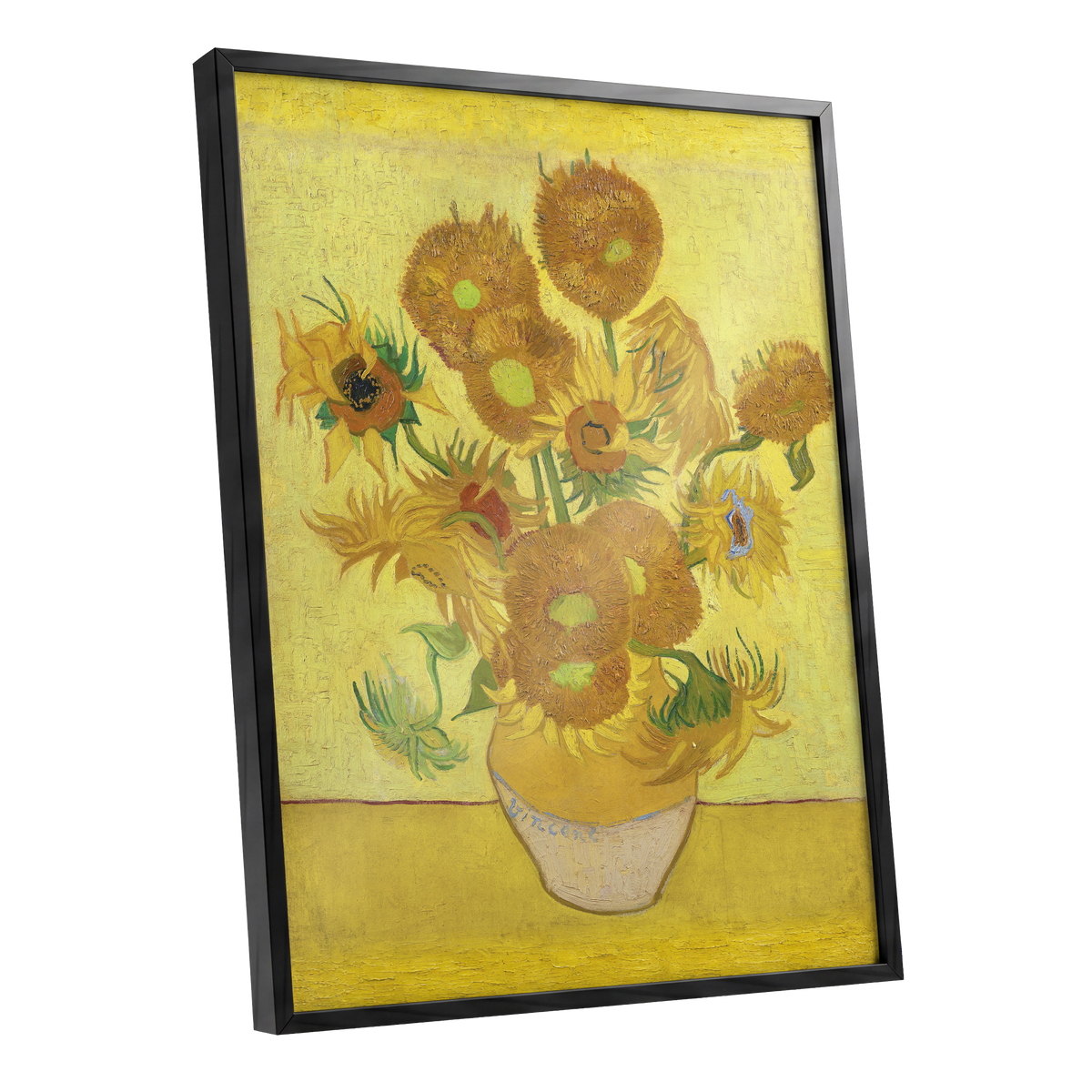 Golden Sunflower Chorus, yellow, gold, brown floral wall art shown as a black framed poster wall art print
