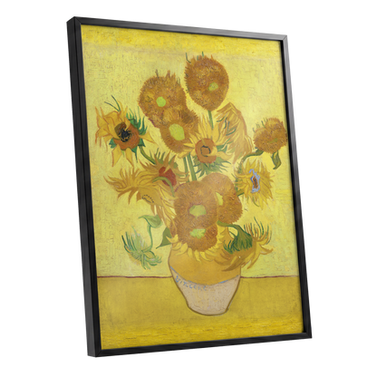 Golden Sunflower Chorus, yellow, gold, brown floral wall art shown as a black framed poster wall art print