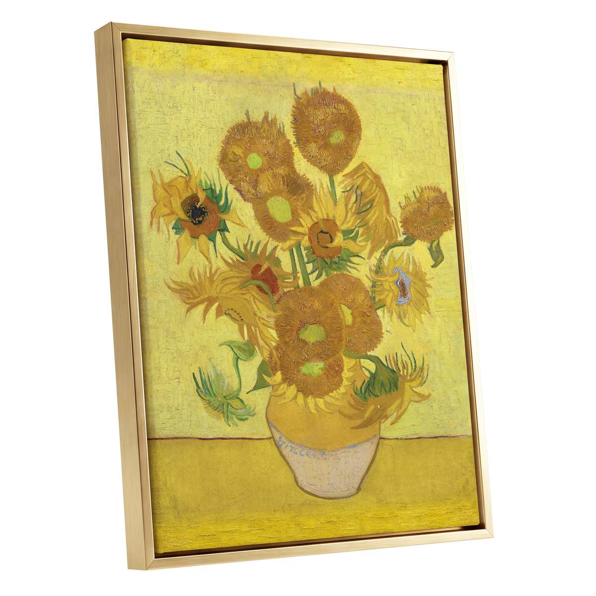 Golden Sunflower Chorus, yellow, gold, brown floral wall art shown as a gold framed canvas wall art