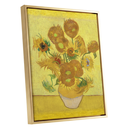 Golden Sunflower Chorus, yellow, gold, brown floral wall art shown as a gold framed canvas wall art