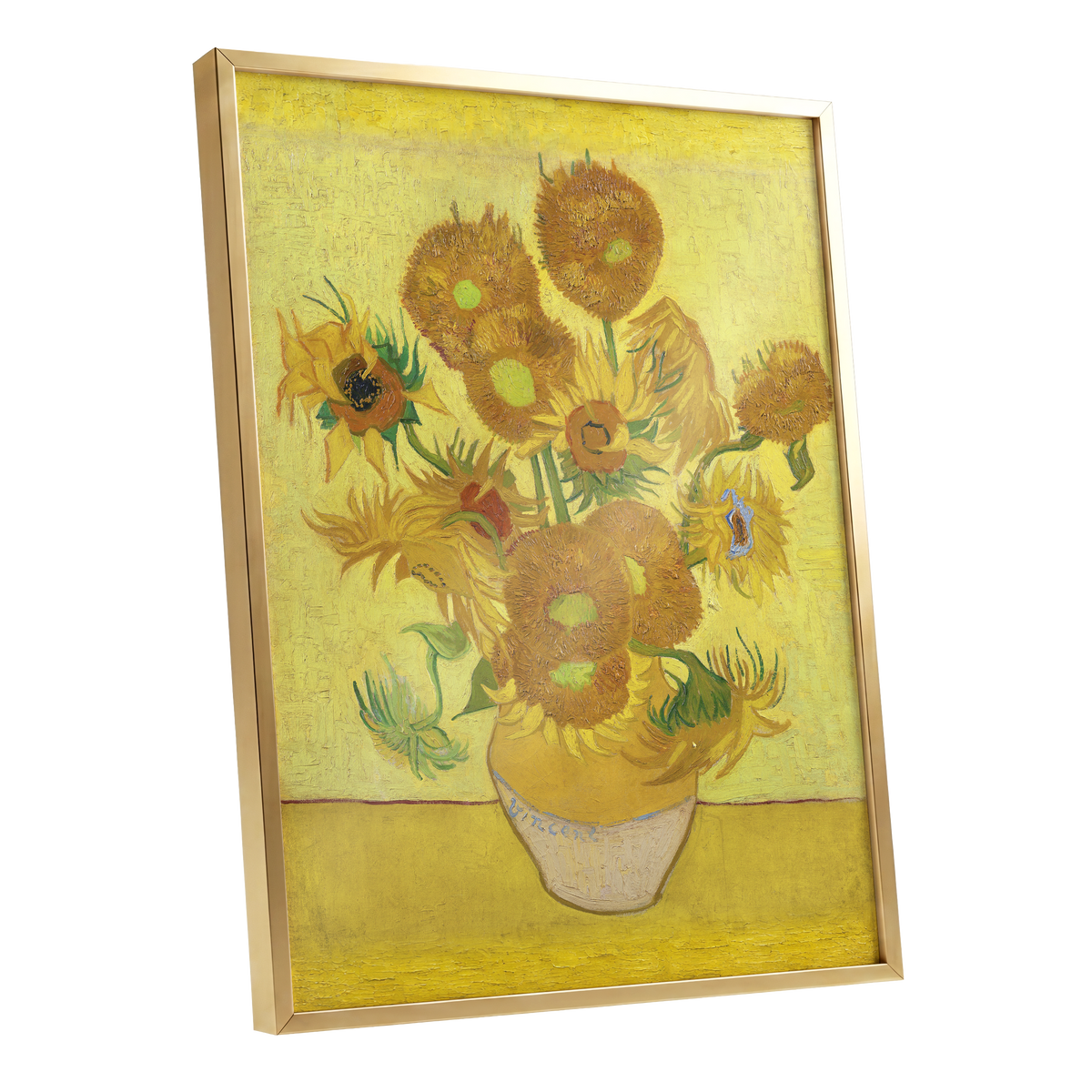 Golden Sunflower Chorus, yellow, gold, brown floral wall art shown as a gold framed poster wall art print
