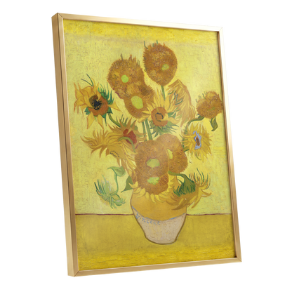 Golden Sunflower Chorus, yellow, gold, brown floral wall art shown as a gold framed poster wall art print