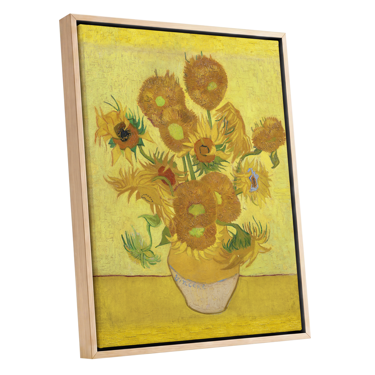 Golden Sunflower Chorus, yellow, gold, brown floral wall art shown as a oak framed canvas wall art