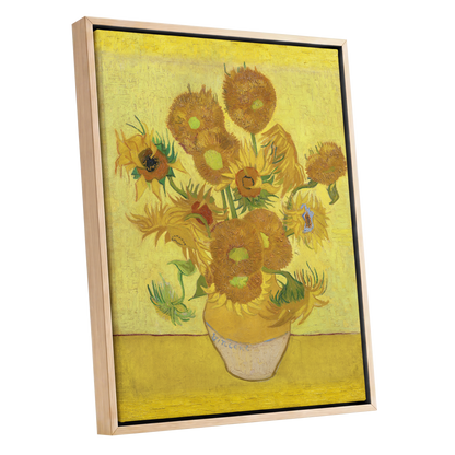 Golden Sunflower Chorus, yellow, gold, brown floral wall art shown as a oak framed canvas wall art