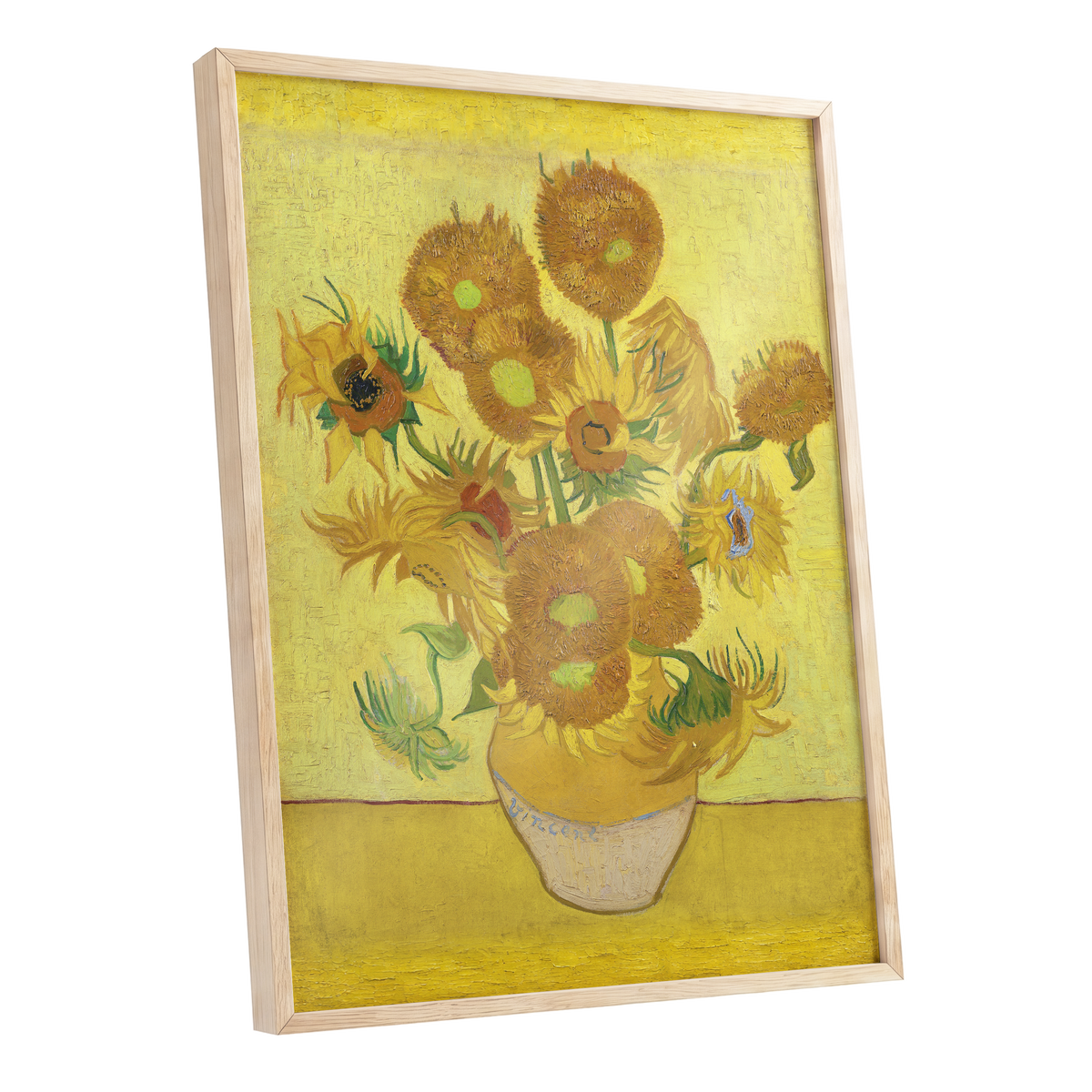 Golden Sunflower Chorus, yellow, gold, brown floral wall art shown as a oak framed poster wall art print