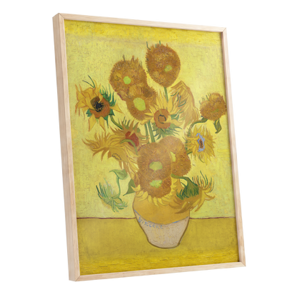 Golden Sunflower Chorus, yellow, gold, brown floral wall art shown as a oak framed poster wall art print