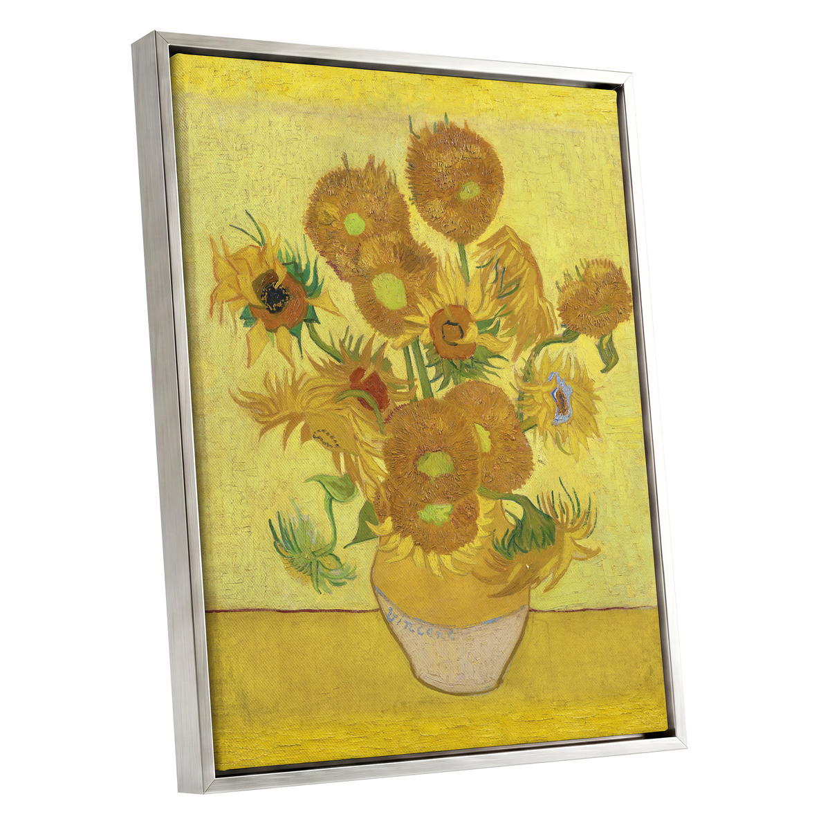Golden Sunflower Chorus, yellow, gold, brown floral wall art shown as a silver framed canvas wall art