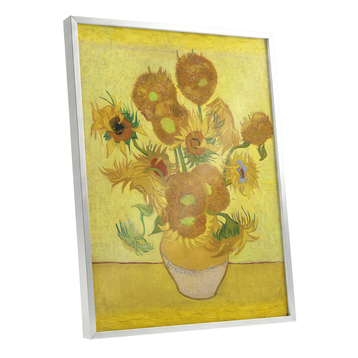 Golden Sunflower Chorus, yellow, gold, brown floral wall art shown as a silver framed poster wall art print