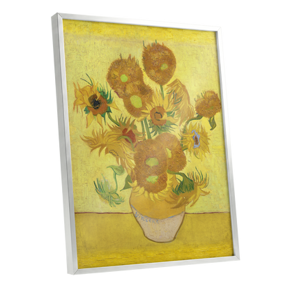 Golden Sunflower Chorus, yellow, gold, brown floral wall art shown as a silver framed poster wall art print