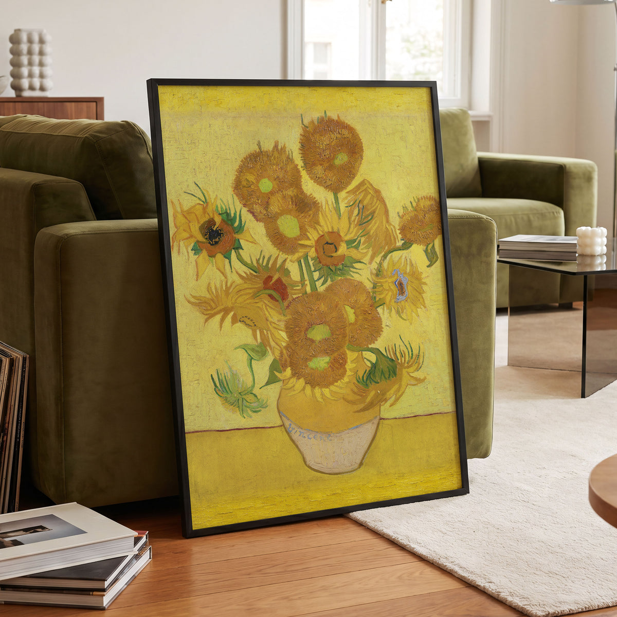 Golden Sunflower Chorus, yellow, gold, brown floral wall art displayed in a styled interior, gallery view 2