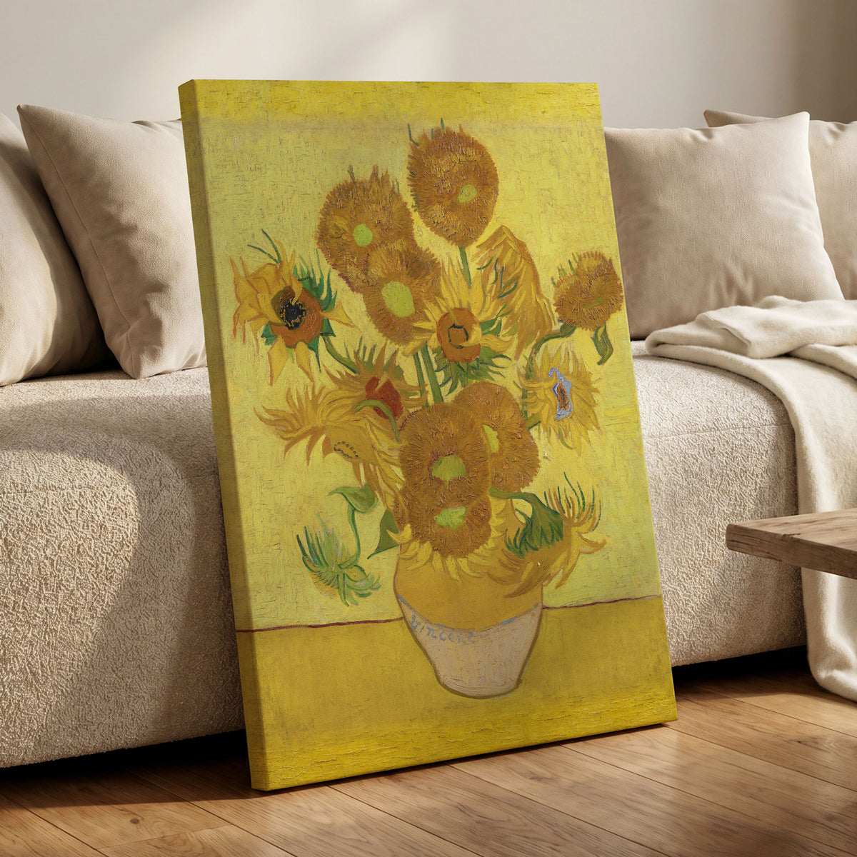 Golden Sunflower Chorus, yellow, gold, brown floral wall art displayed in a styled interior, gallery view 3