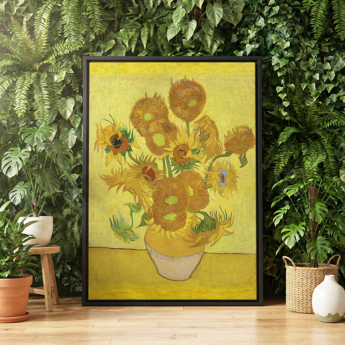 Golden Sunflower Chorus, yellow, gold, brown floral wall art displayed in a styled interior, gallery view 4