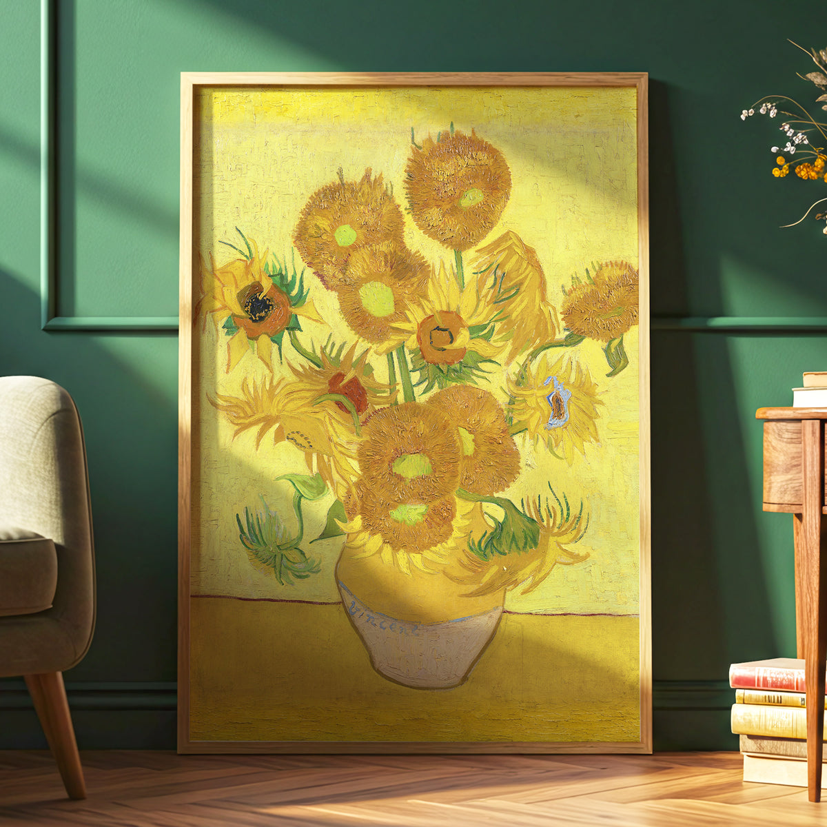 Golden Sunflower Chorus, yellow, gold, brown floral wall art displayed in a styled interior, gallery view 6