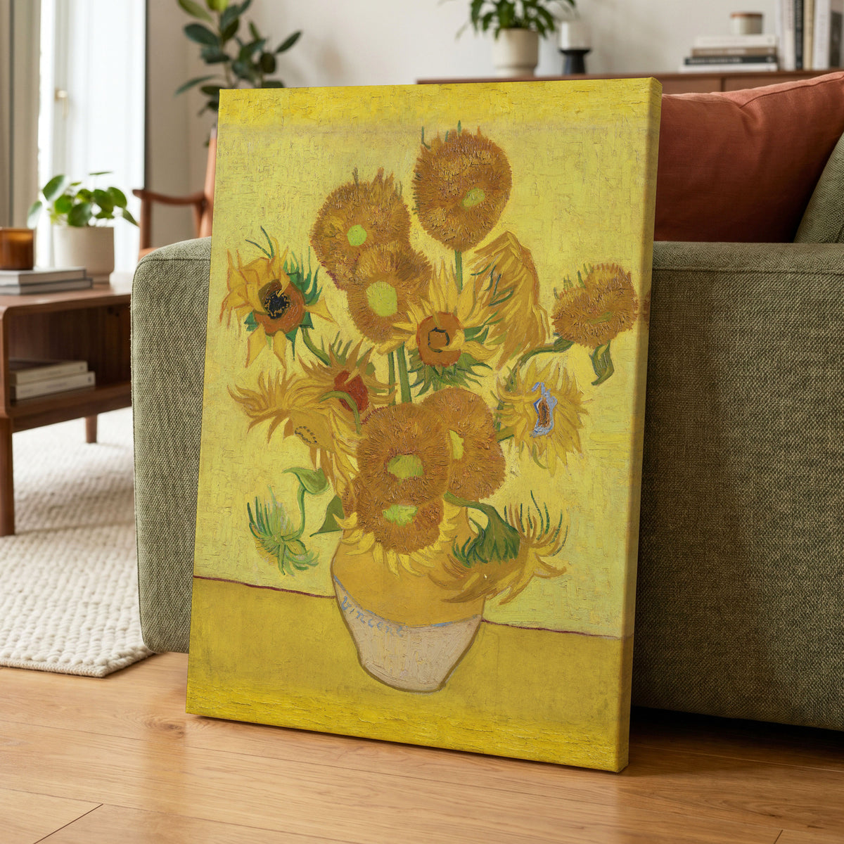 Golden Sunflower Chorus, yellow, gold, brown floral wall art displayed in a styled interior, gallery view 7