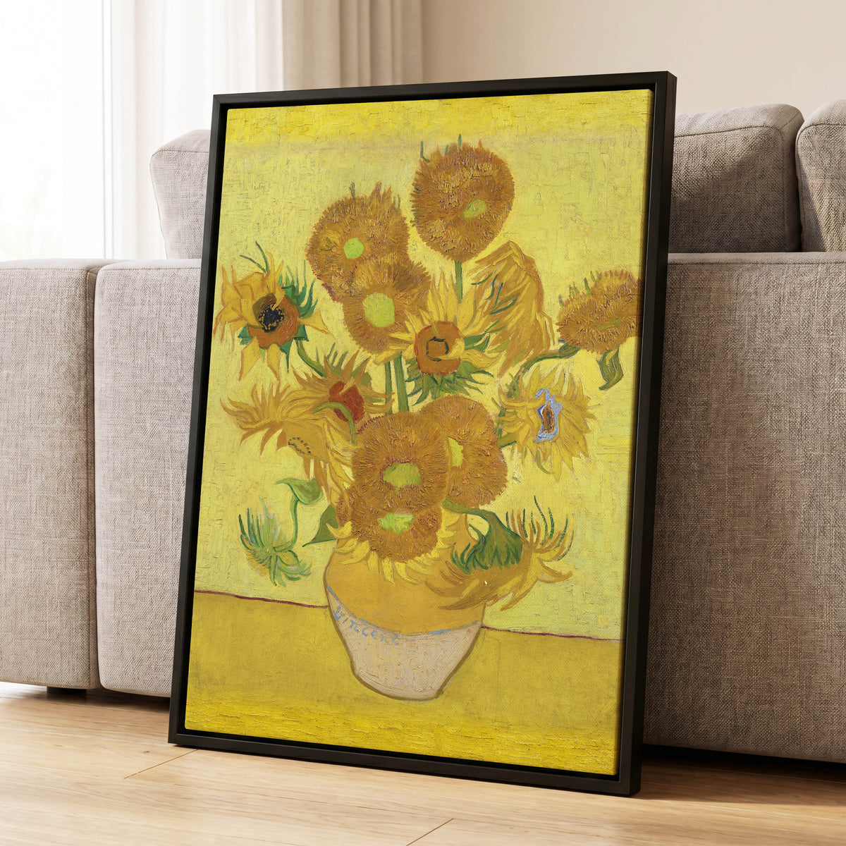 Golden Sunflower Chorus, yellow, gold, brown floral wall art displayed in a styled interior, gallery view 8