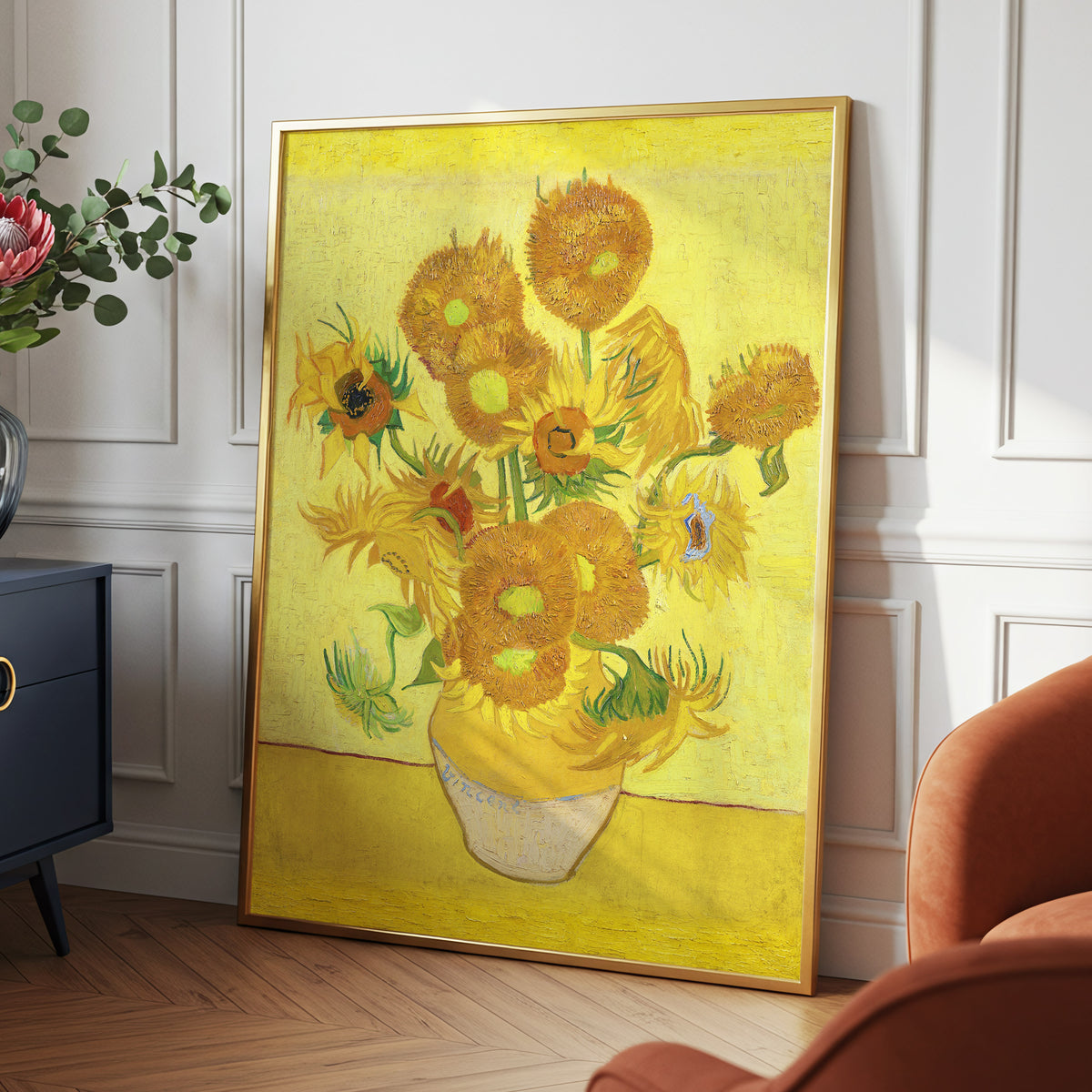 Golden Sunflower Chorus, yellow, gold, brown floral wall art displayed in a styled interior, gallery view 9