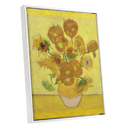 Golden Sunflower Chorus, yellow, gold, brown floral wall art shown as a white framed canvas wall art