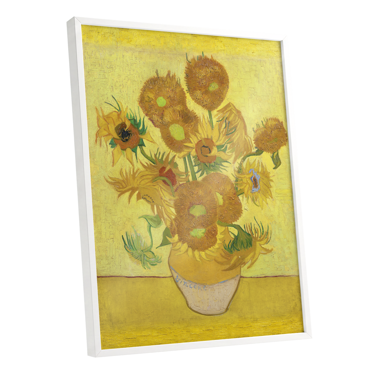 Golden Sunflower Chorus, yellow, gold, brown floral wall art shown as a white framed poster wall art print