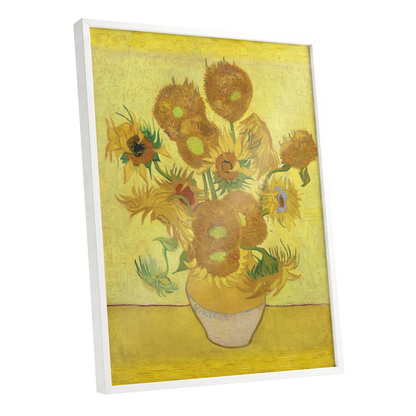 Golden Sunflower Chorus, yellow, gold, brown floral wall art shown as a white framed poster wall art print