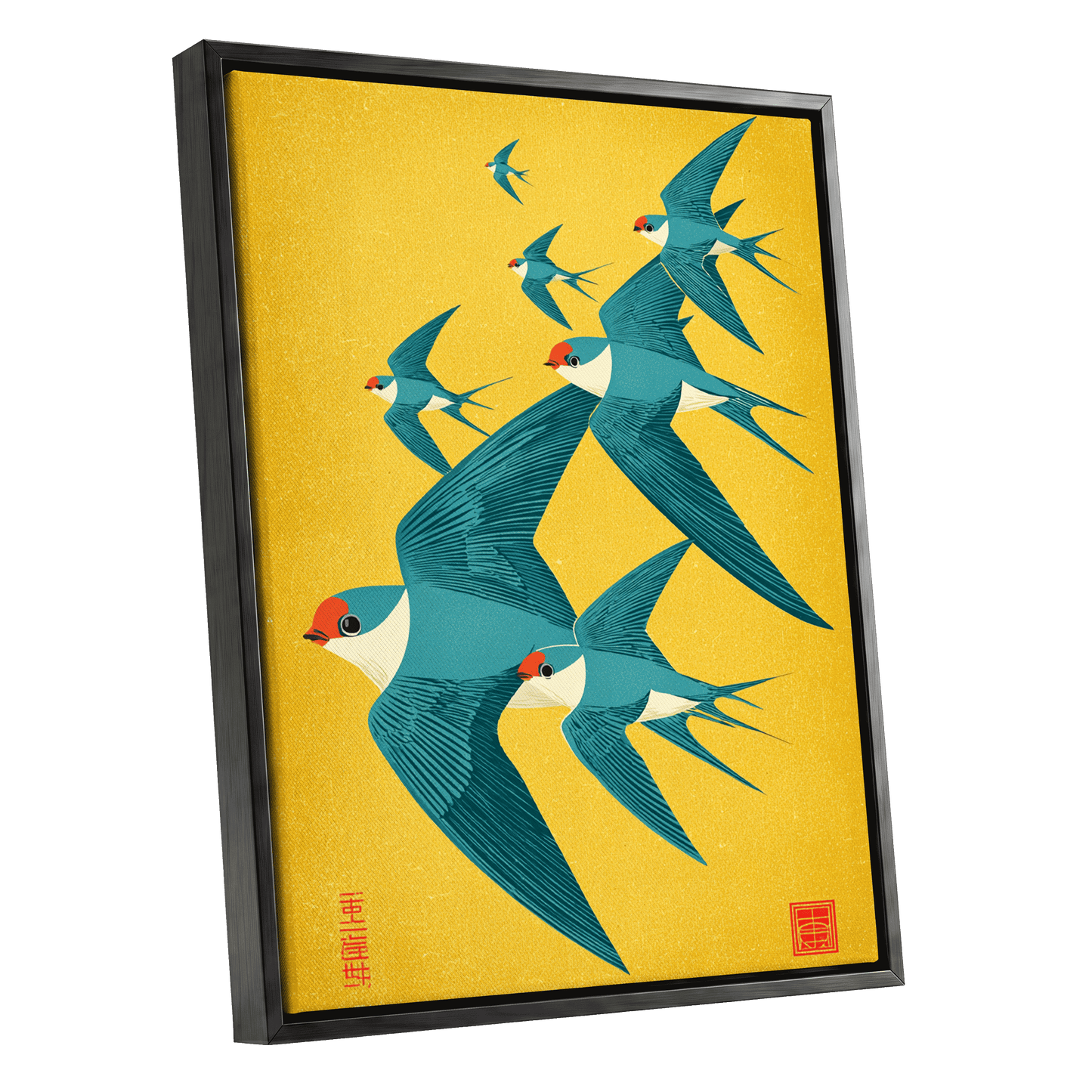 Golden Swallow Flight, gold, blue, beige nature wall art shown as a black framed canvas wall art