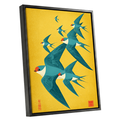 Golden Swallow Flight, gold, blue, beige nature wall art shown as a black framed canvas wall art