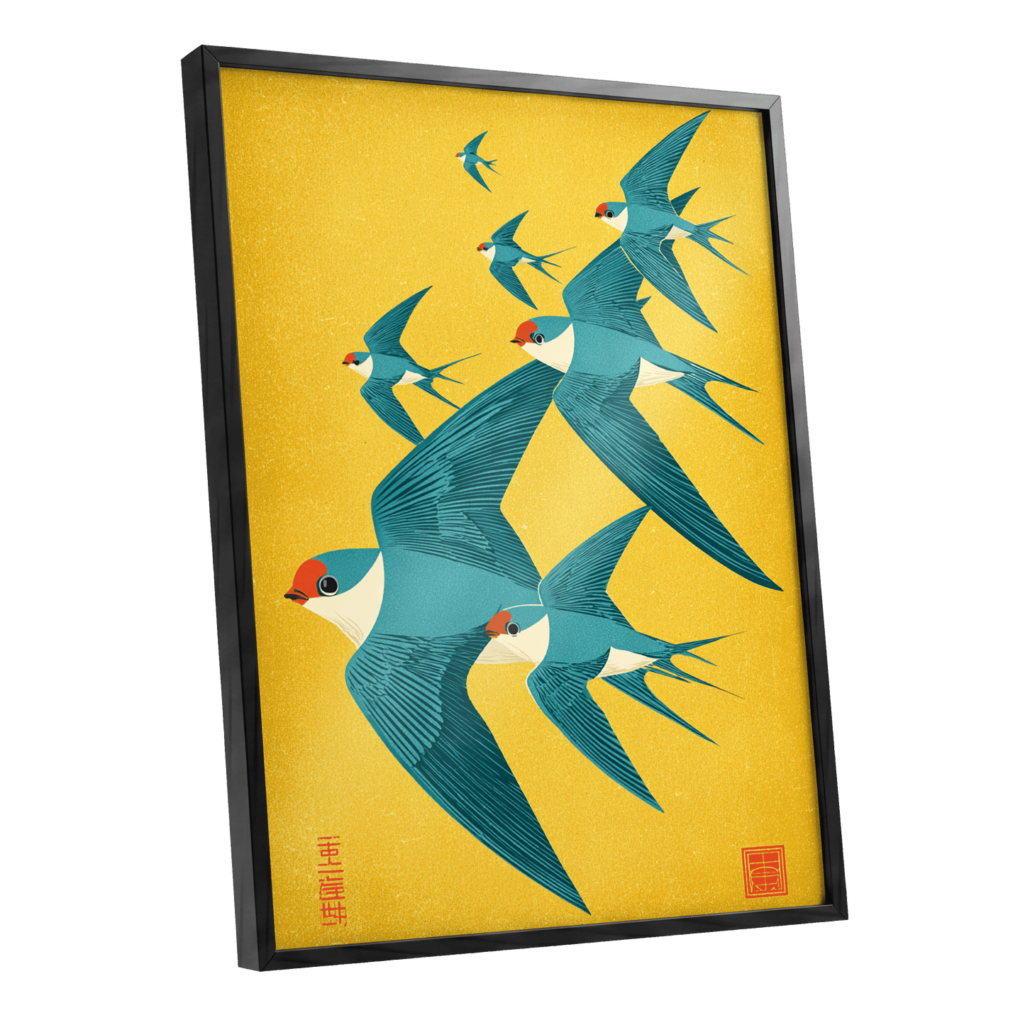 Golden Swallow Flight, gold, blue, beige nature wall art shown as a black framed poster wall art print