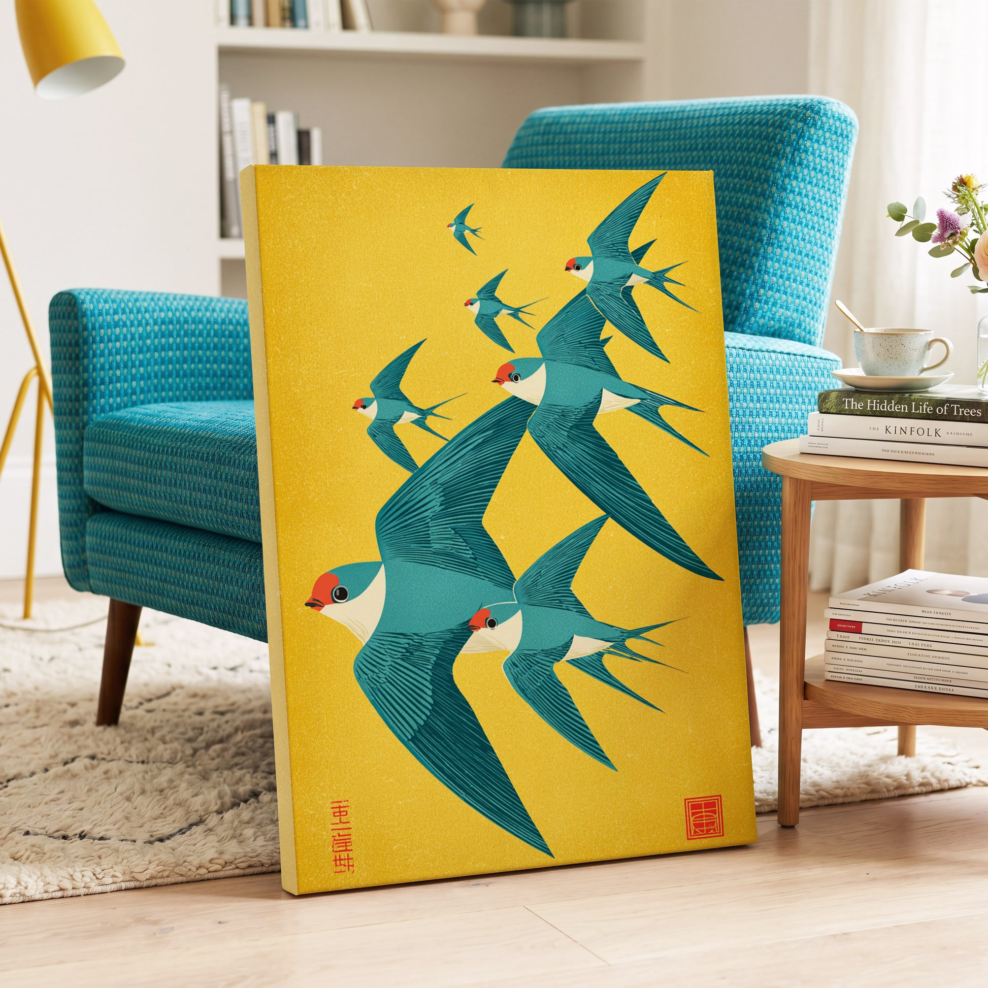 Golden Swallow Flight, gold, blue, beige nature wall art on canvas displayed in a styled interior, gallery view 1