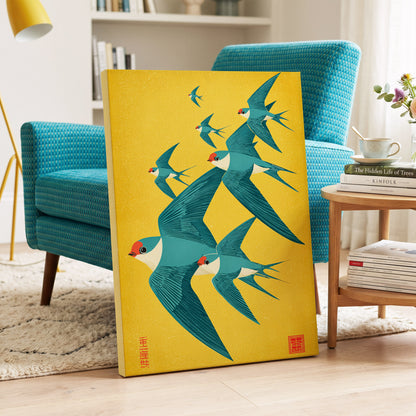 Golden Swallow Flight, gold, blue, beige nature wall art on canvas displayed in a styled interior, gallery view 1
