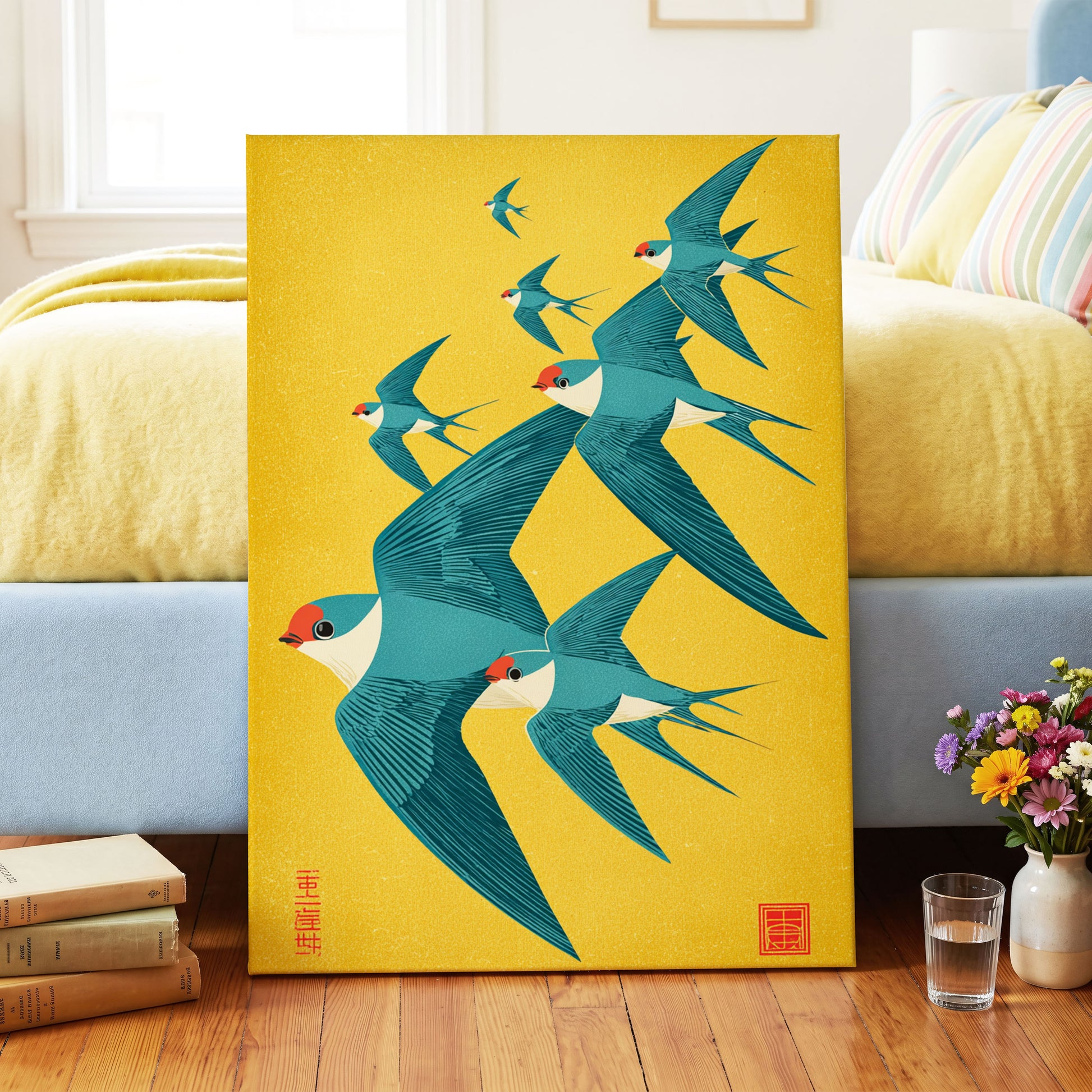 Golden Swallow Flight, gold, blue, beige nature wall art on canvas displayed in a styled interior, gallery view 2