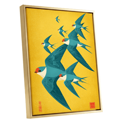 Golden Swallow Flight, gold, blue, beige nature wall art shown as a gold framed canvas wall art