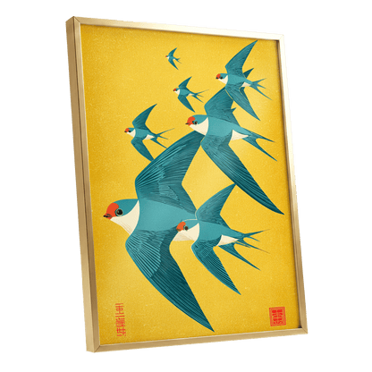 Golden Swallow Flight, gold, blue, beige nature wall art shown as a gold framed poster wall art print