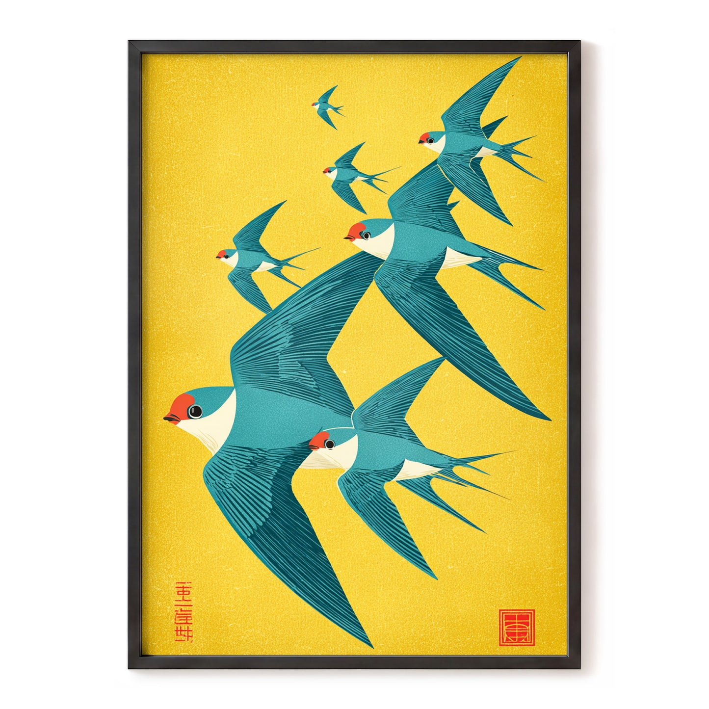 Golden Swallow Flight, gold, blue, beige nature wall art, front artwork view