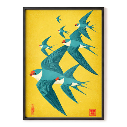Golden Swallow Flight, gold, blue, beige nature wall art, front artwork view