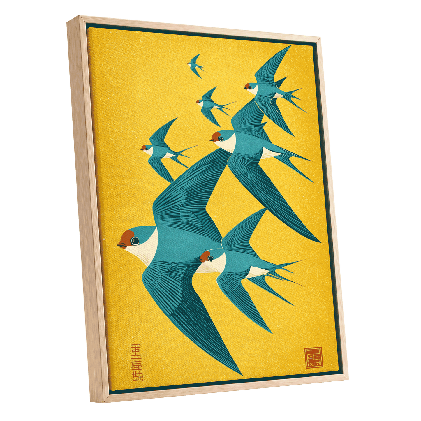 Golden Swallow Flight, gold, blue, beige nature wall art shown as a oak framed canvas wall art