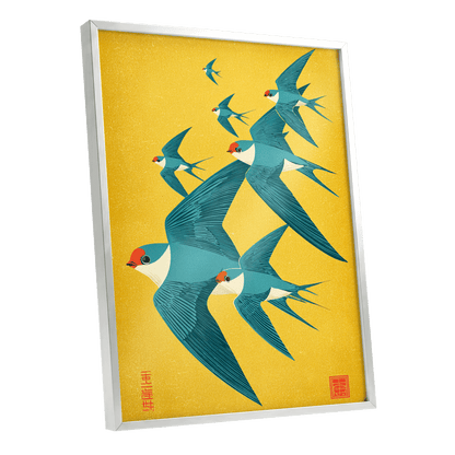 Golden Swallow Flight, gold, blue, beige nature wall art shown as a silver framed poster wall art print