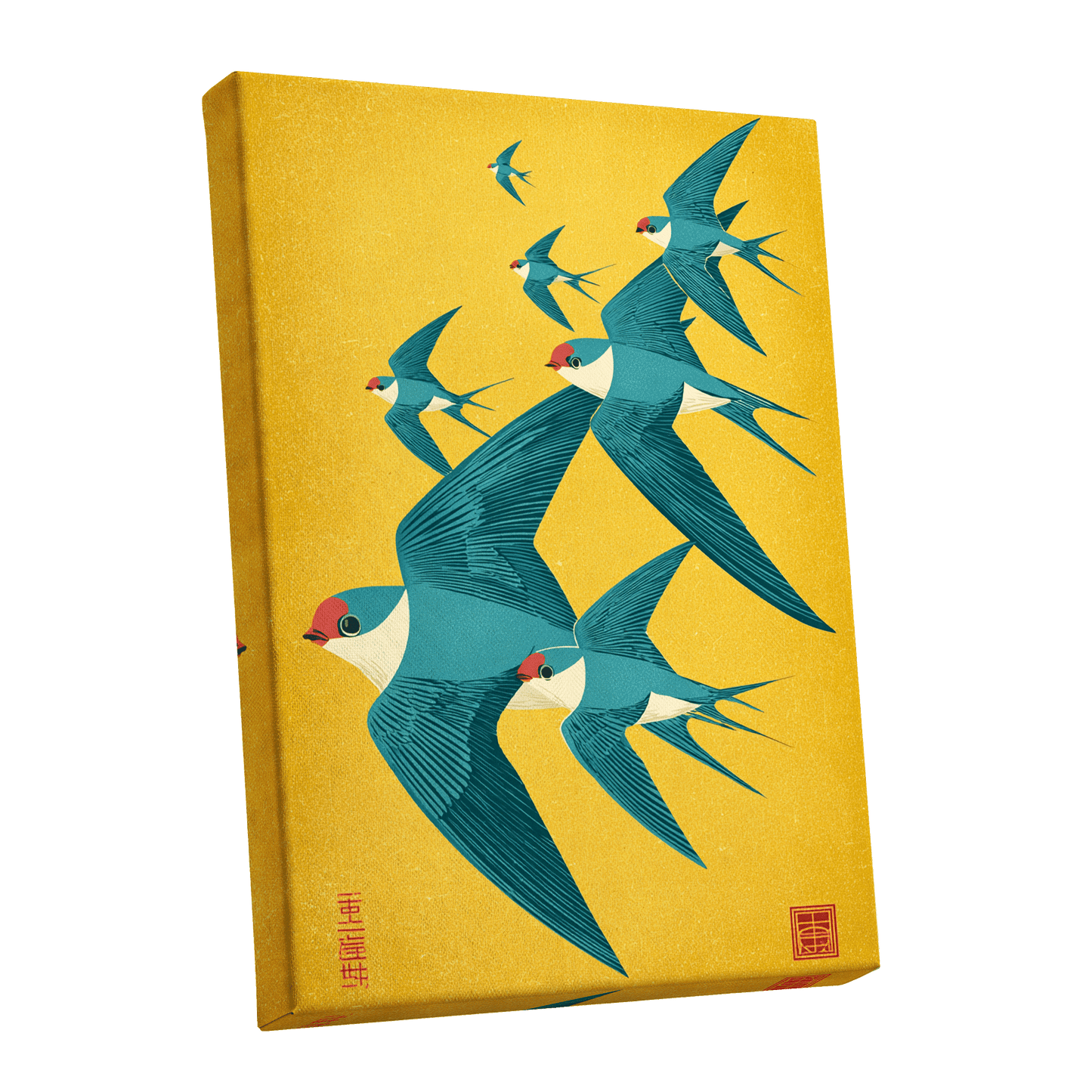 Golden Swallow Flight, gold, blue, beige nature wall art shown as a stretched canvas wall art