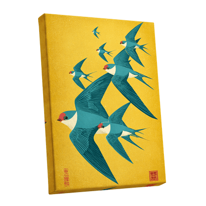Golden Swallow Flight, gold, blue, beige nature wall art shown as a stretched canvas wall art