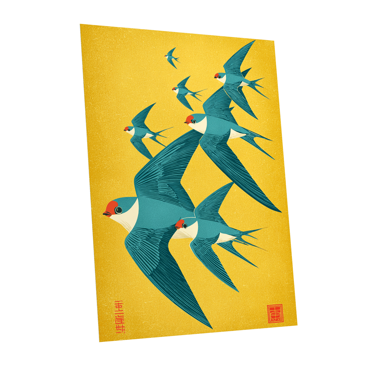Golden Swallow Flight, gold, blue, beige nature wall art shown as a unframed poster wall art print