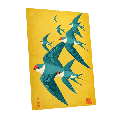 Golden Swallow Flight, gold, blue, beige nature wall art shown as a unframed poster wall art print