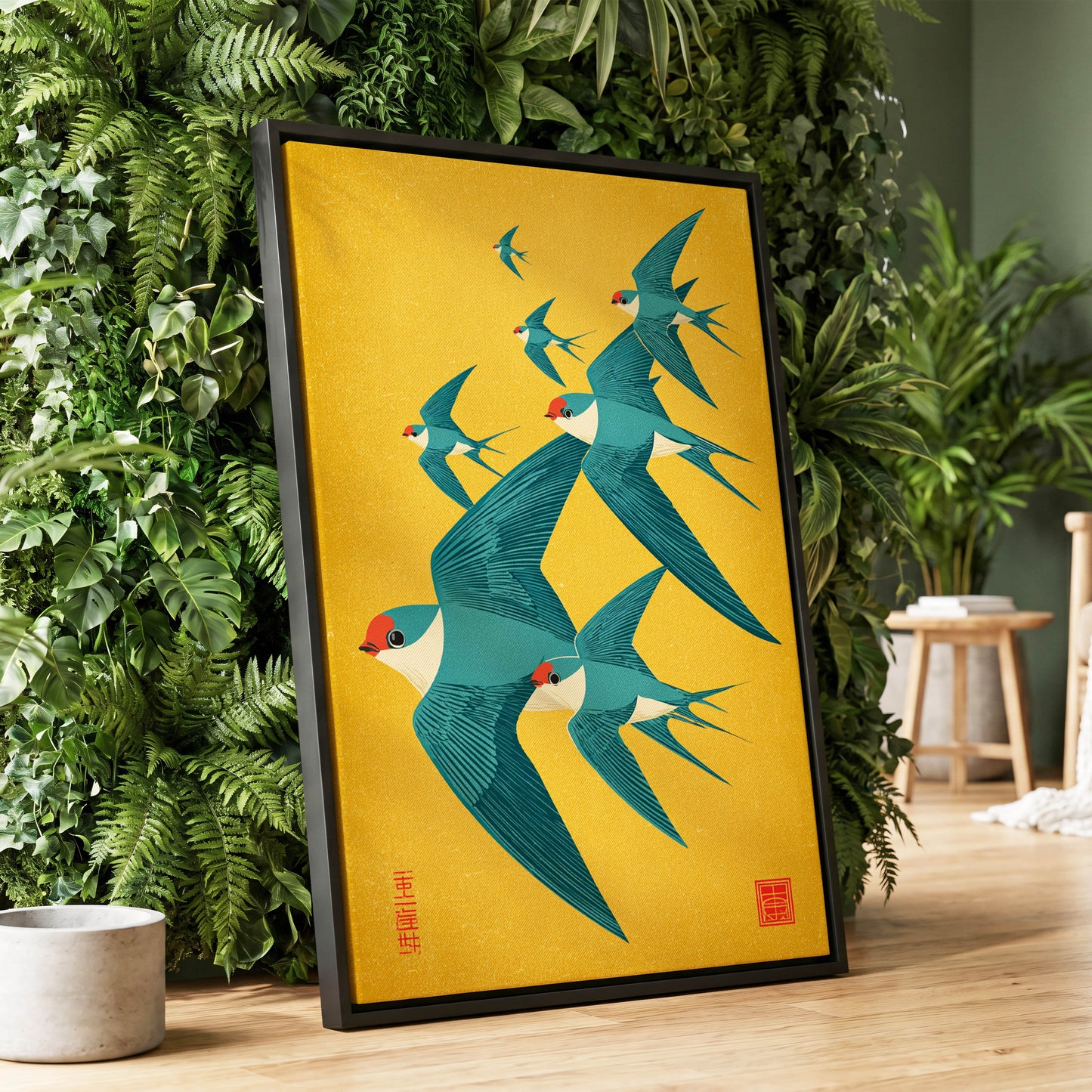 Golden Swallow Flight, gold, blue, beige nature wall art displayed in a styled interior, gallery view 1
