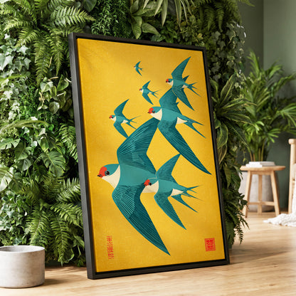 Golden Swallow Flight, gold, blue, beige nature wall art displayed in a styled interior, gallery view 1