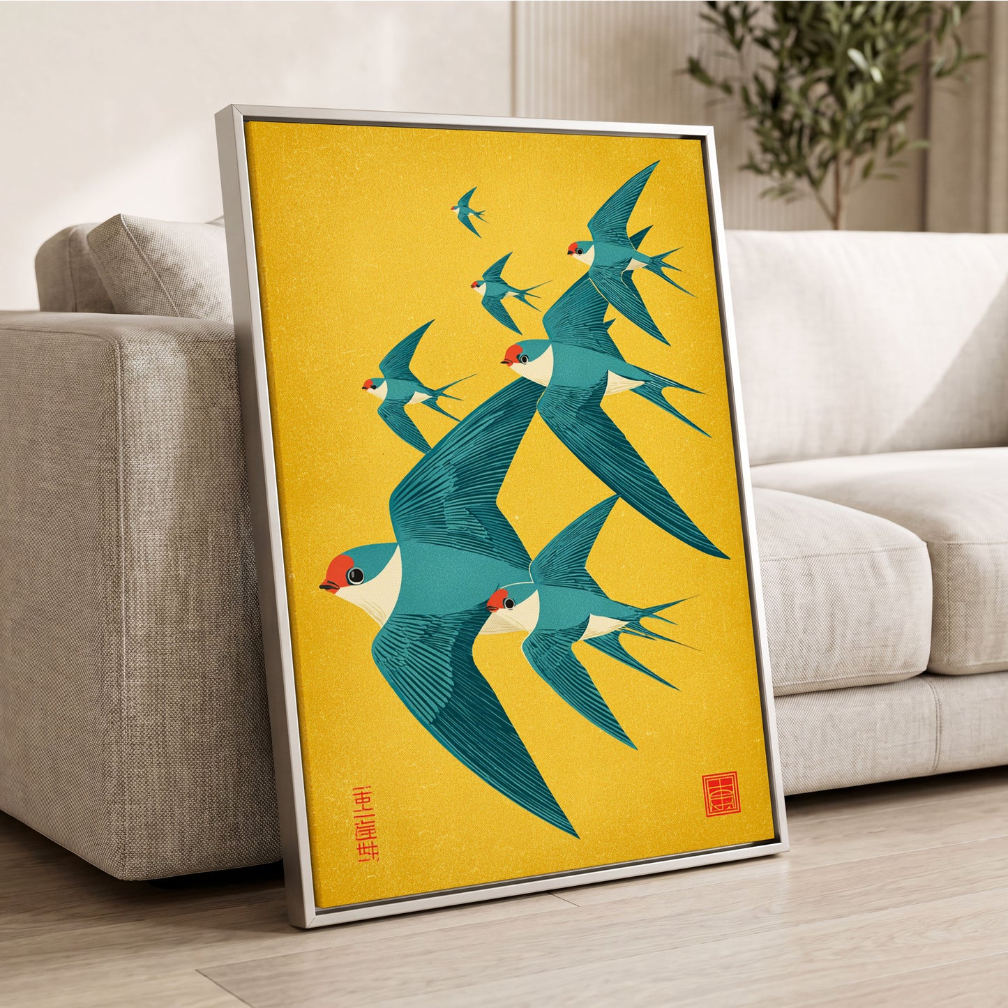 Golden Swallow Flight, gold, blue, beige nature wall art displayed in a styled interior, gallery view 2