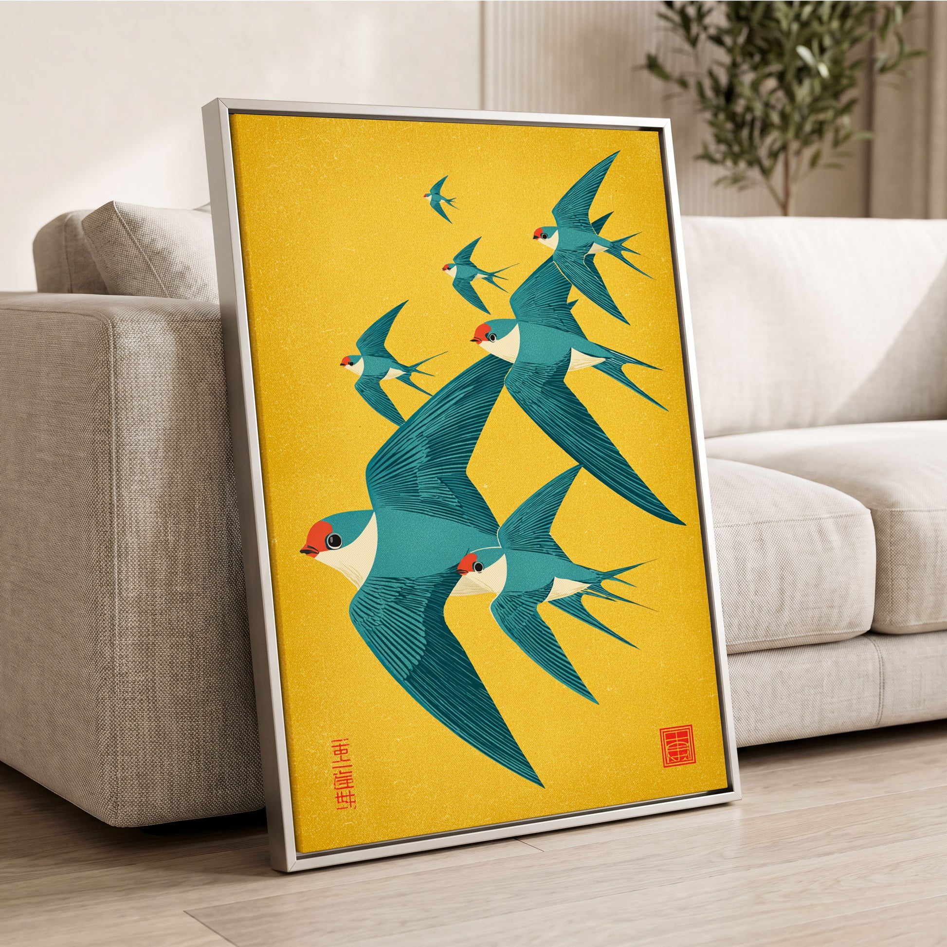 Golden Swallow Flight, gold, blue, beige nature wall art displayed in a styled interior, gallery view 2