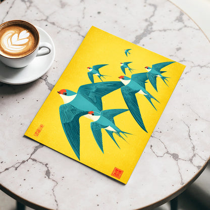 Golden Swallow Flight, gold, blue, beige nature wall art displayed in a styled interior, gallery view 3