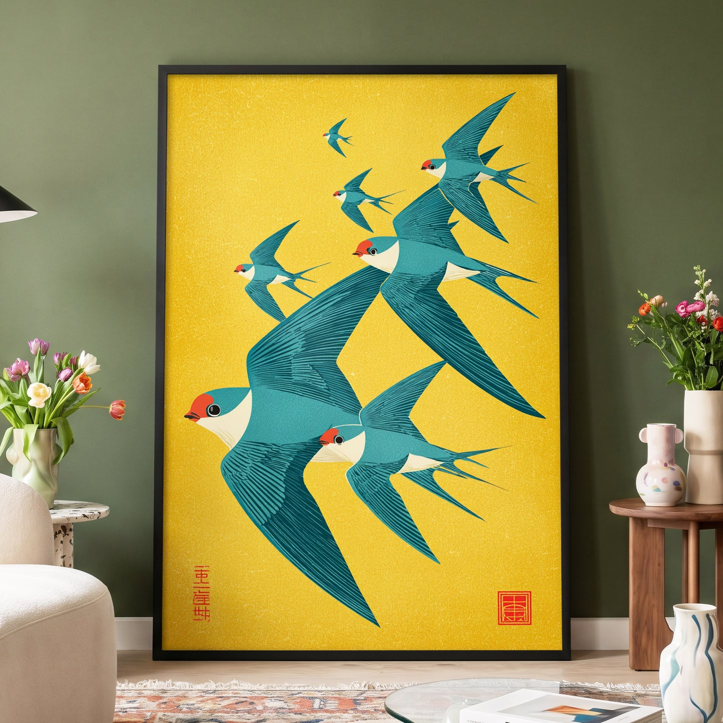 Golden Swallow Flight, gold, blue, beige nature wall art displayed in a styled interior, gallery view 4