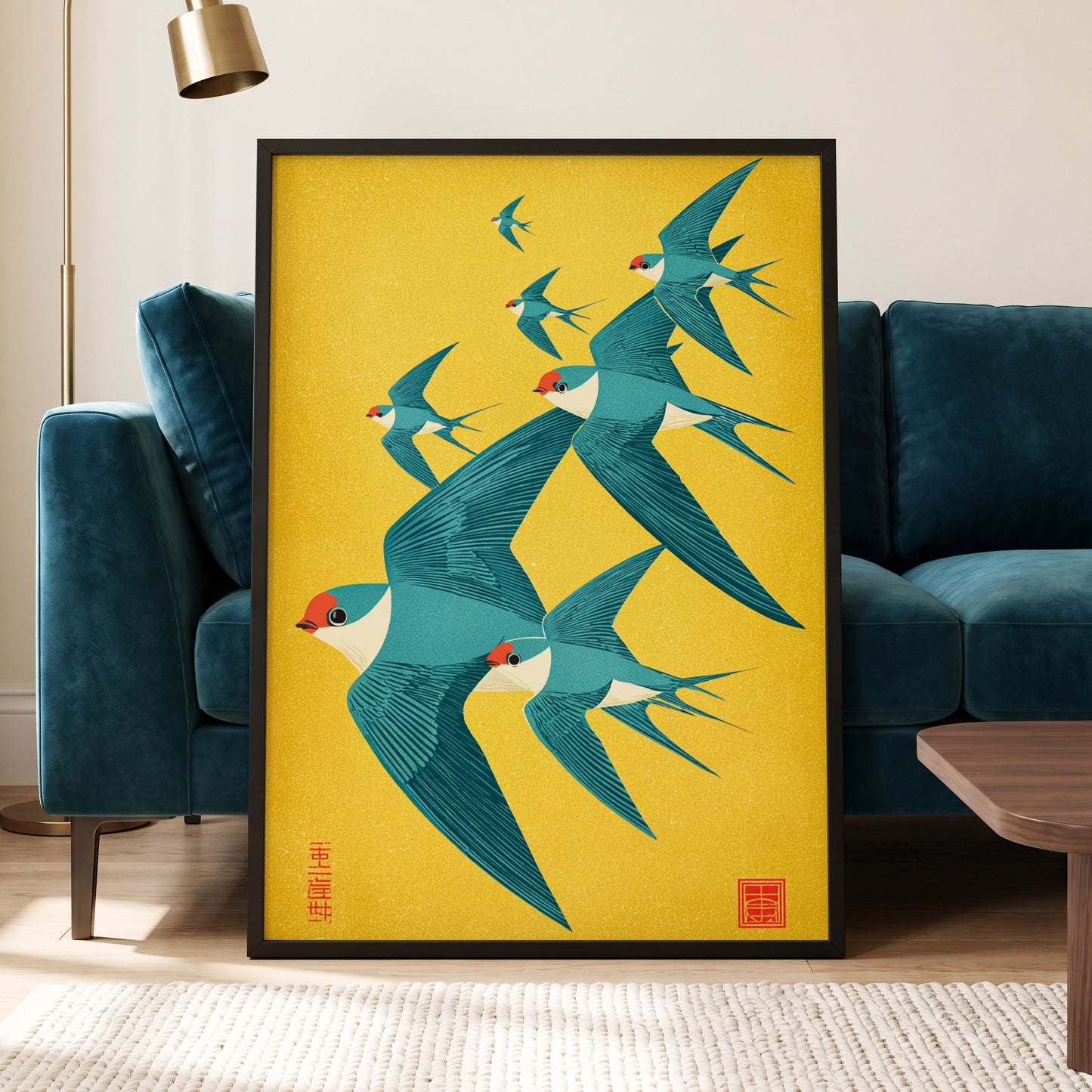 Golden Swallow Flight, gold, blue, beige nature wall art displayed in a styled interior, gallery view 5