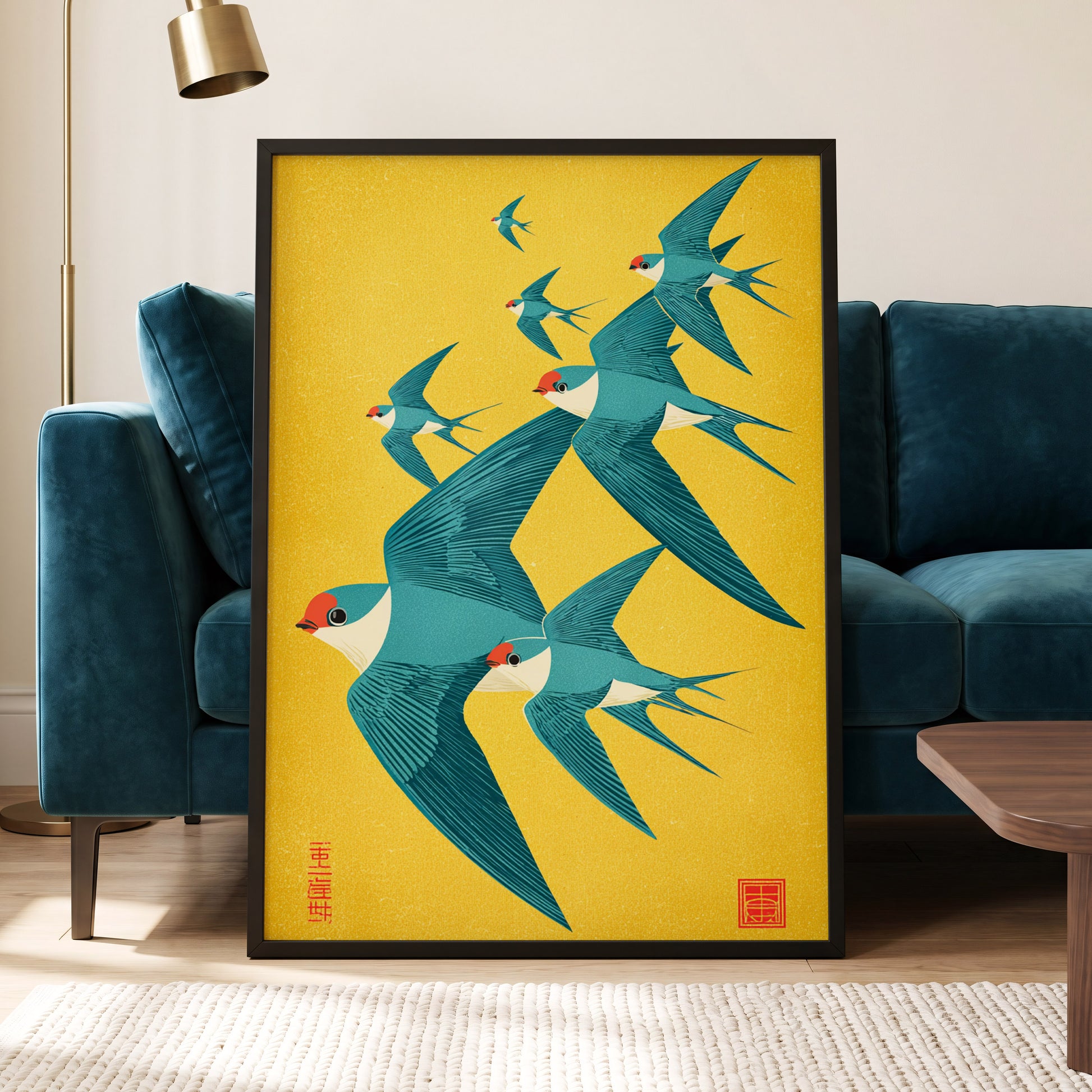 Golden Swallow Flight, gold, blue, beige nature wall art displayed in a styled interior, gallery view 5
